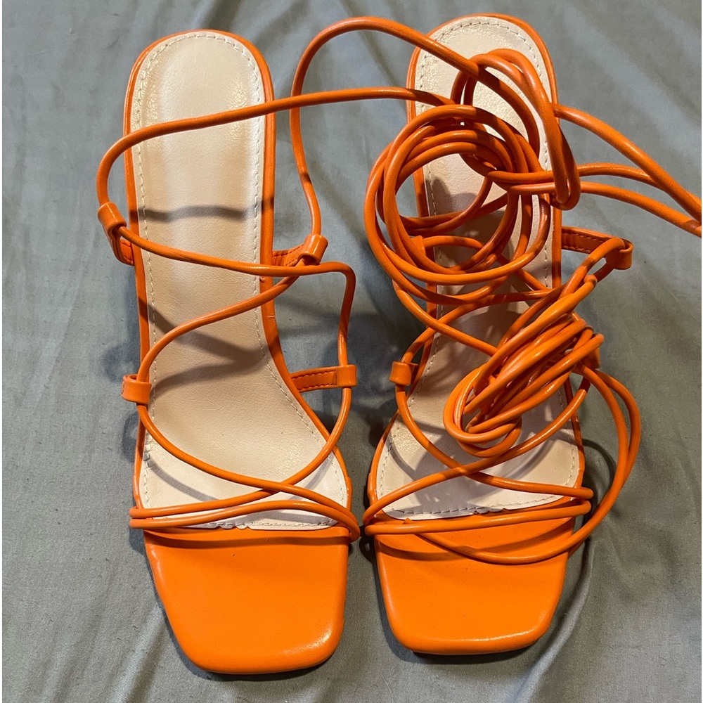 Orange scrappy tie up heels